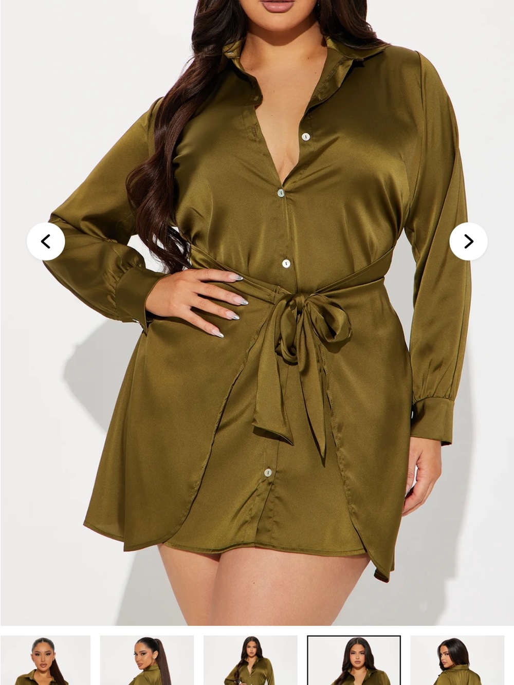 Fashion Nova Olive Green Satin Tie-Waist Mini Dress long sleeve
